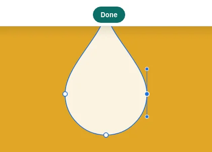 A drop shape with its points and curve handles showing, ready to be dragged.