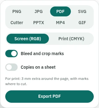 The export panel with PDF chosen and "Bleed and crop marks" switched on.