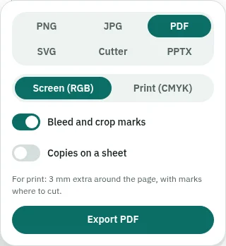 The export panel with PDF chosen and "Bleed and crop marks" switched on.